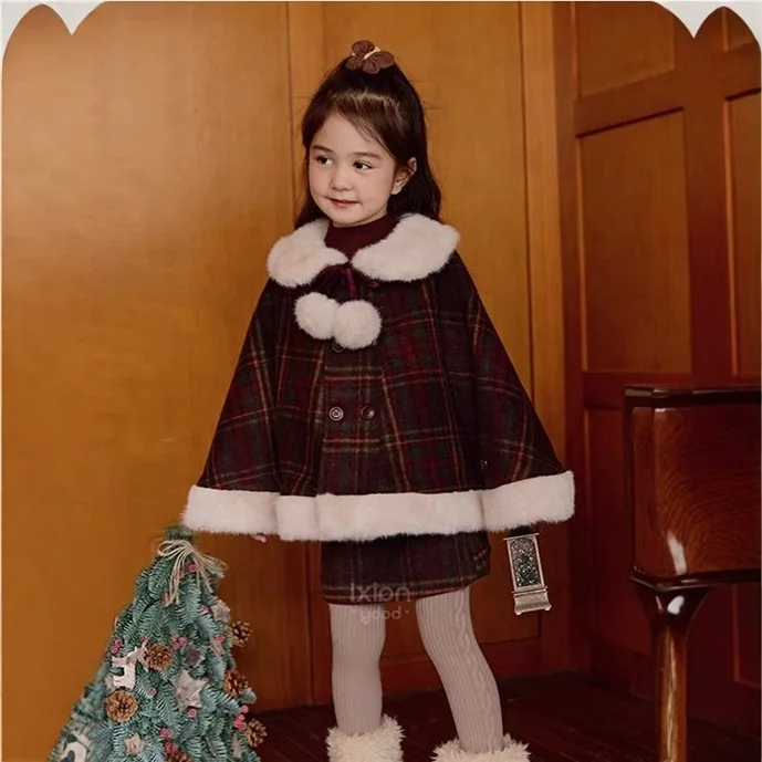 Girls Set Christmas and New Year Wool Ball Cotton Woolen Cloak and Skirt 2025 Autumn and Winter New Two Piece Set