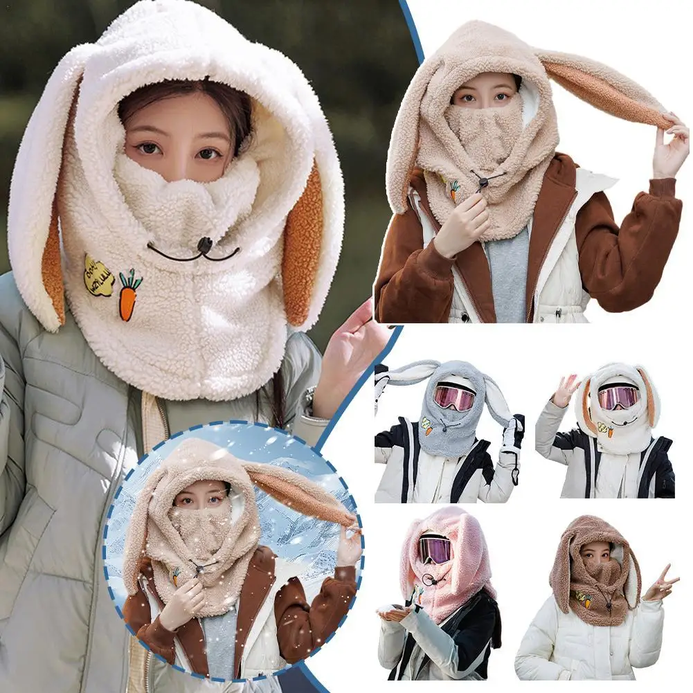 Winter Wool Ski Hat Scarf Warm Ski Helmet Cover Comfortable Soft Casual Cartoon Cute Bunny Ears Decorative Helmet Cover