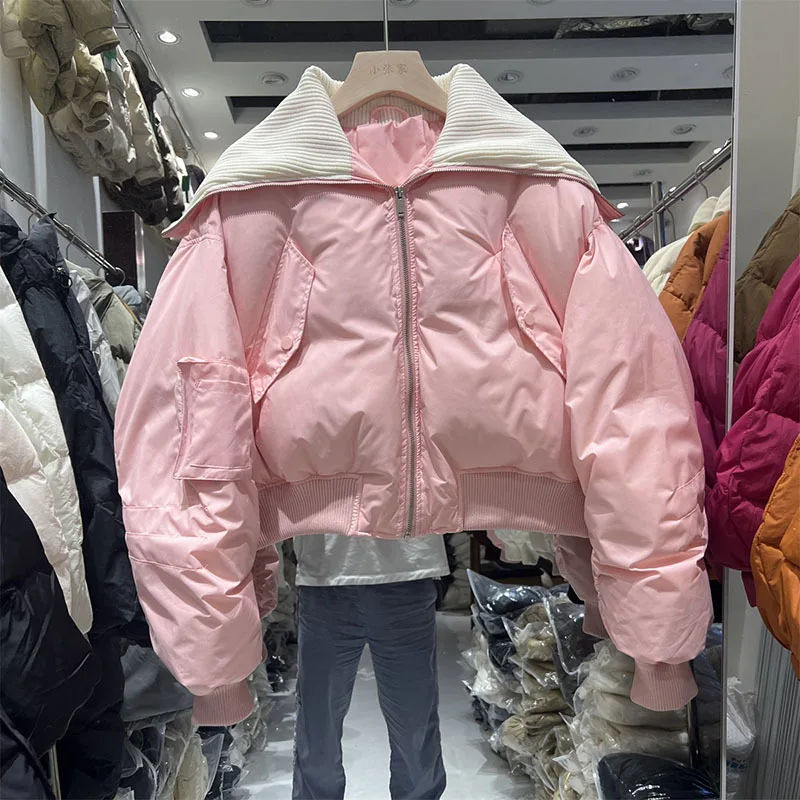 Short Down Jacket Women New Fashion Big Lapel Zipper Pink Down Coat Thickened Warm Puffer Parka Casual Winter Jacket Female