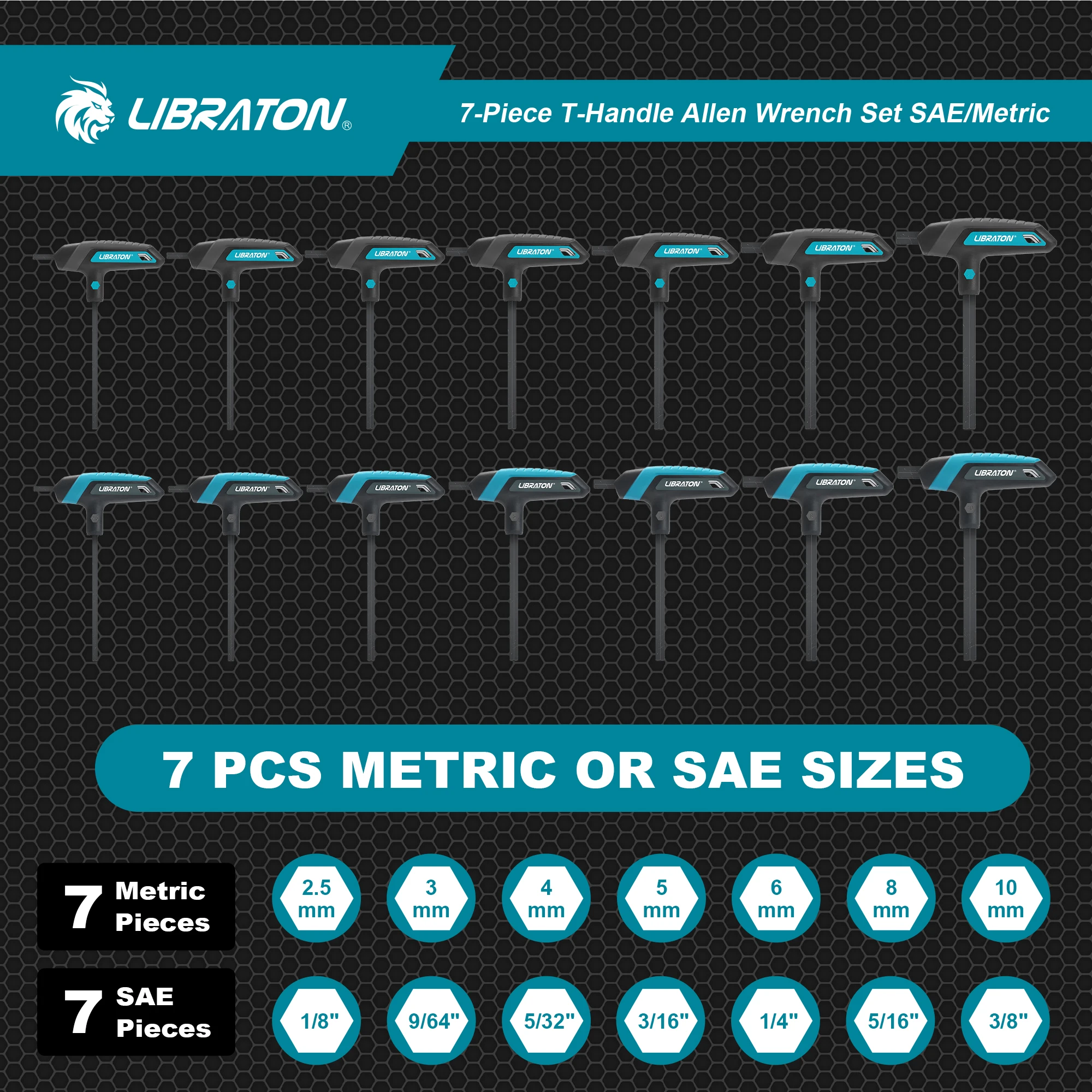 LIBRATON T Handle Allen Wrench 7 Pieces, Metric 2.5mm-10mm / SAE 1/8