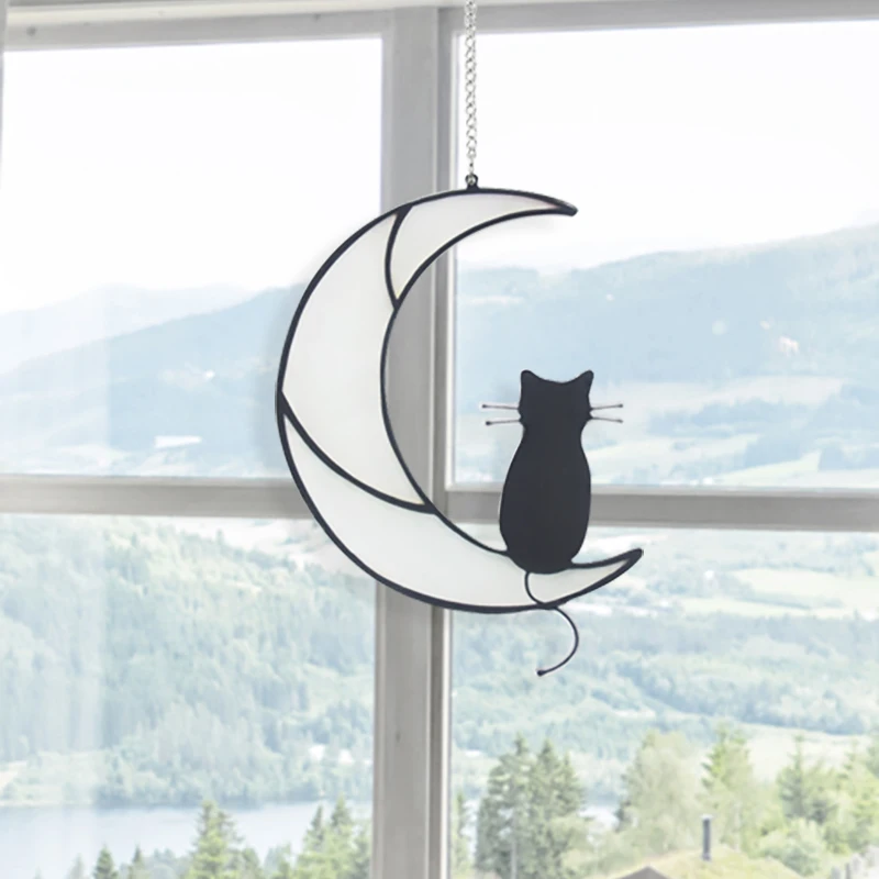 1pcs Cartoon Moon Black Cat Art Simple Atmosphere Wall Hanging Craft Decoration Home Hanging Indoor Living Room Wall Ornament
