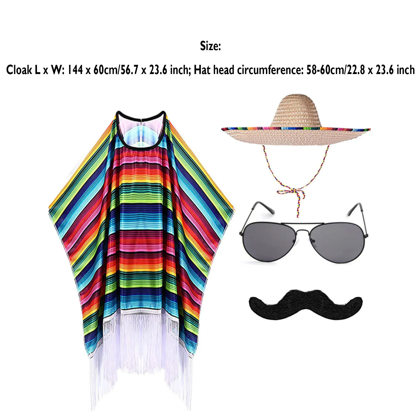 Kind Volwassen Mexicaans Kostuum Kleurrijke Mantel Poncho Sombrero Hoed Zonnebril Snor Set voor Mexicaanse Fiesta Halloween Carnaval Party