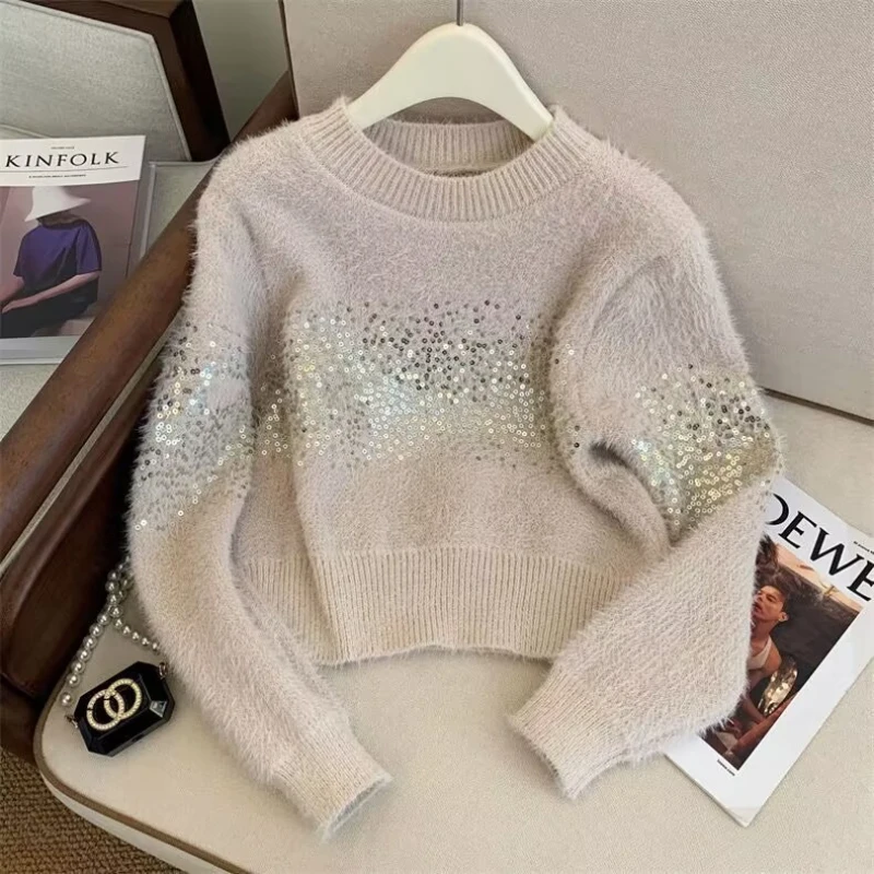 Women\'s Long Sleeve O-Neck Knit Pullover, Chic Sequin Sweater, Korean Fashion, Casual Street Top, Short, Autumn, Winter