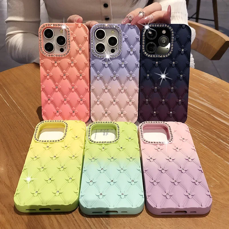 DQ Luxury Glitter Rhinestone 6D Flowers Case for IPhone 11 12 13 14 15 16 Pro Max Gradient Color Soft Silicone Shockproof Cover