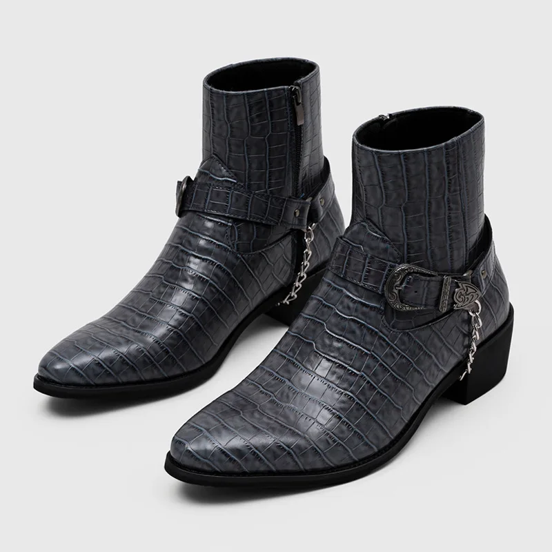 Vintage Crocodile Chelsea Men Boots Belt Buckle Decoration Metal Chain Temperament Ankle Boots Men's High Top Casual Shoes Black
