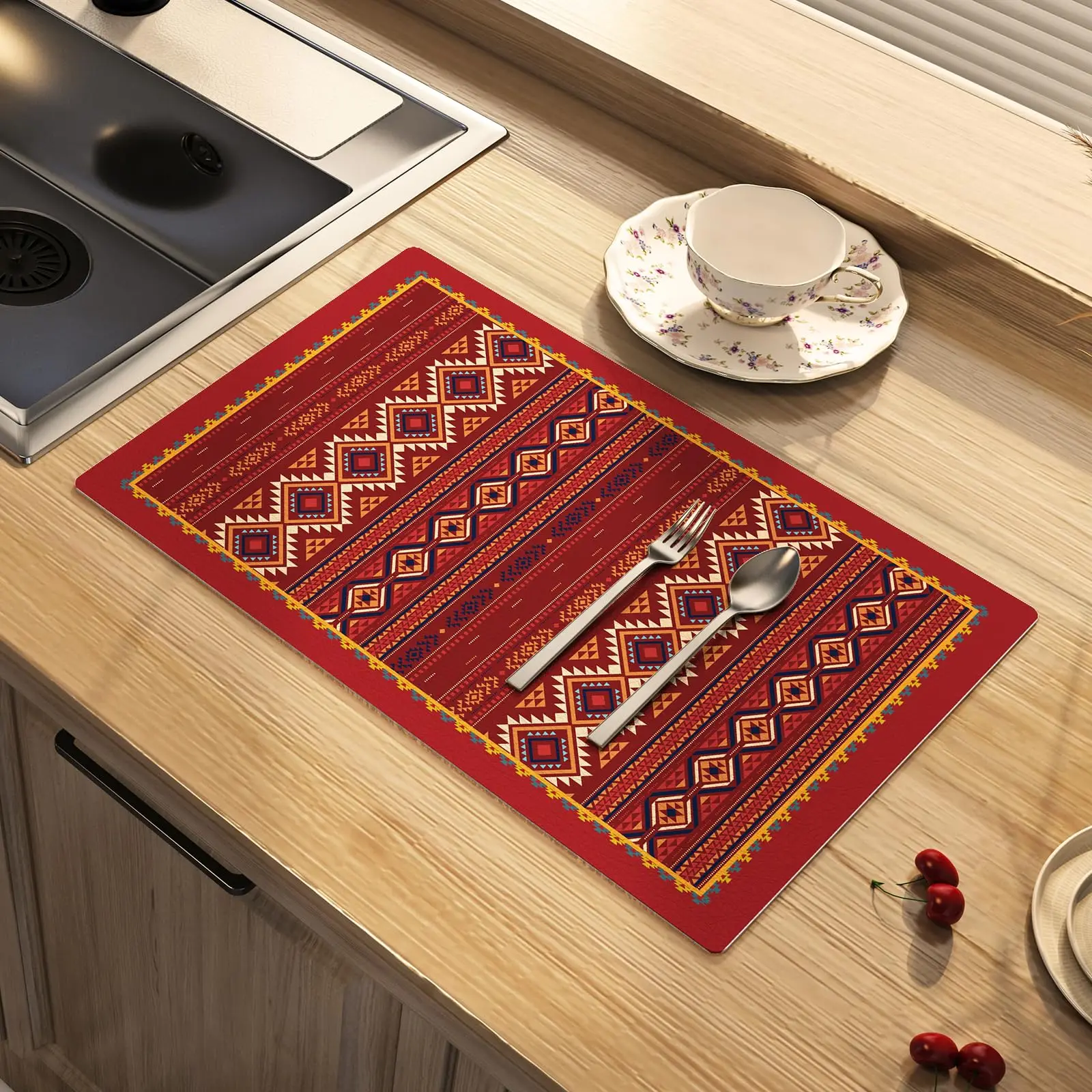 vikama Dish Drying Mat Bohemian Absorbent Coffee Mat Rubber Backed Moroccan Soft Silicone Mat for Kitchen Bathroom Coffee Bar