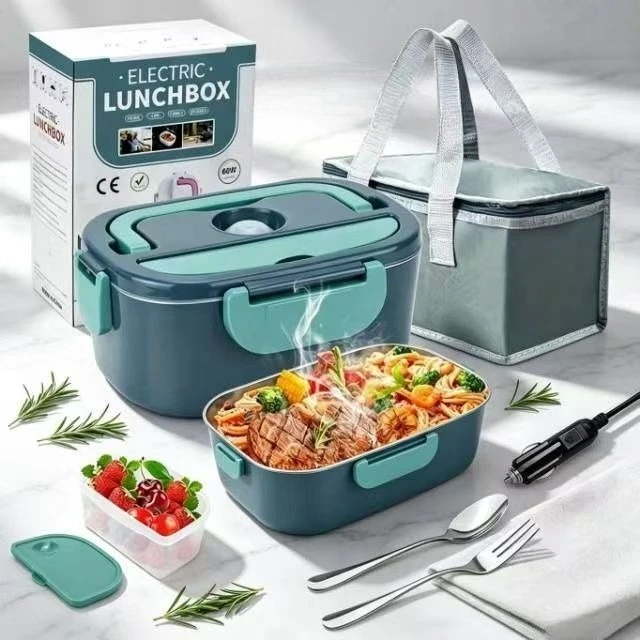 100W Electric Heating Lunch Box 1.5L, 304 Stainless Steel Portable Food Warmer Heater with Insulated Carry Bag, Spoon & Fork, Dual Use for Car 12V / Home 110V Office Travel Meal Container view 2