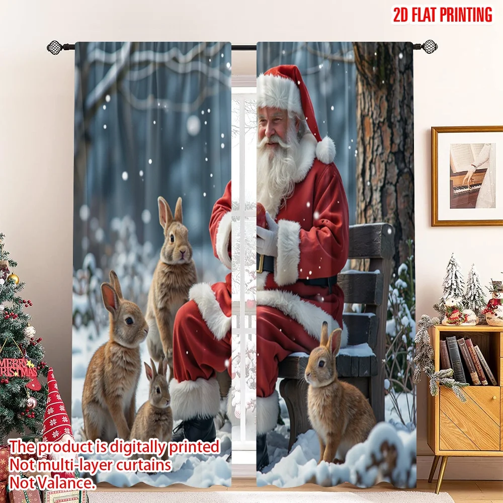 

2pcs 2D flat printing Christmas Curtain Santa Rabbits Apples Snow Polyester Without Electricity Festive Wall Decor Perfect for