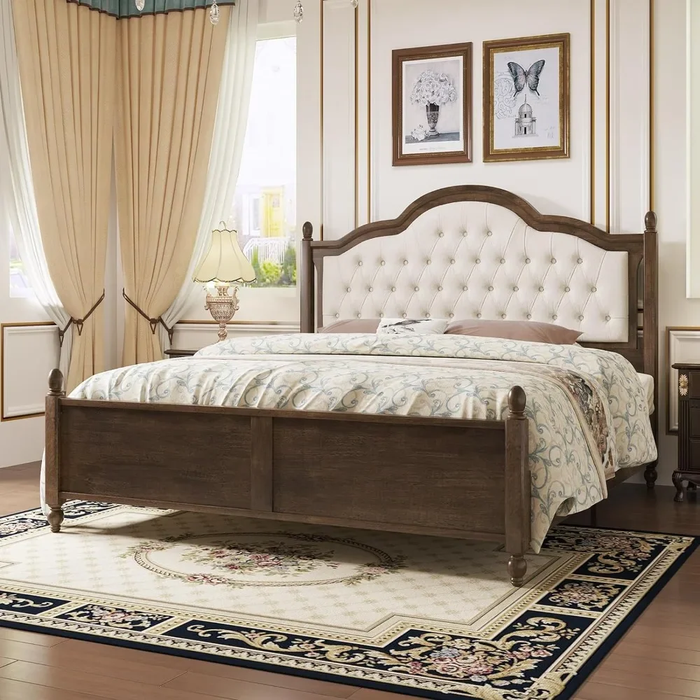 King Size Wood Bed Frame with Upholstered Headboard, Solid Wood Platform Bed, No Box Spring Needed, Easy Assembly, Walnut