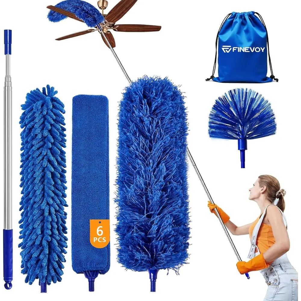 

6-in-1 Multi-Purpose Duster Kit with 100-Inch Extension Pole for Cleaning, Cobwebs, and Dusting Furniture, Cars, and Blinds