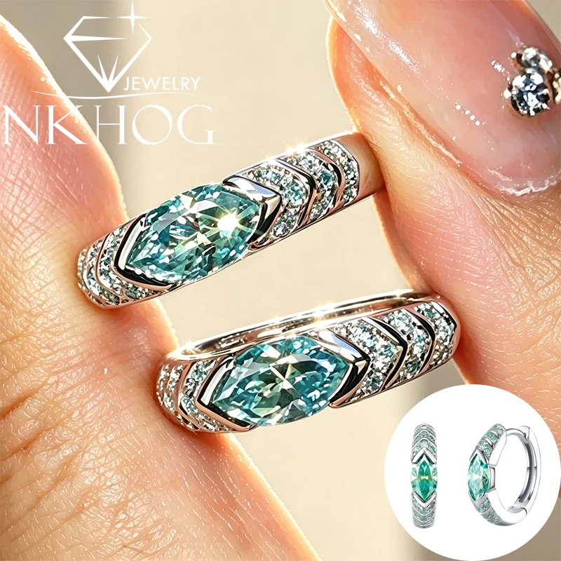 NKHOG 4*8mm Blue Green Marquise Full Moissanite Hoops Earrings 925 Sterling Silver Earring Certified Wedding Earring Jewelry