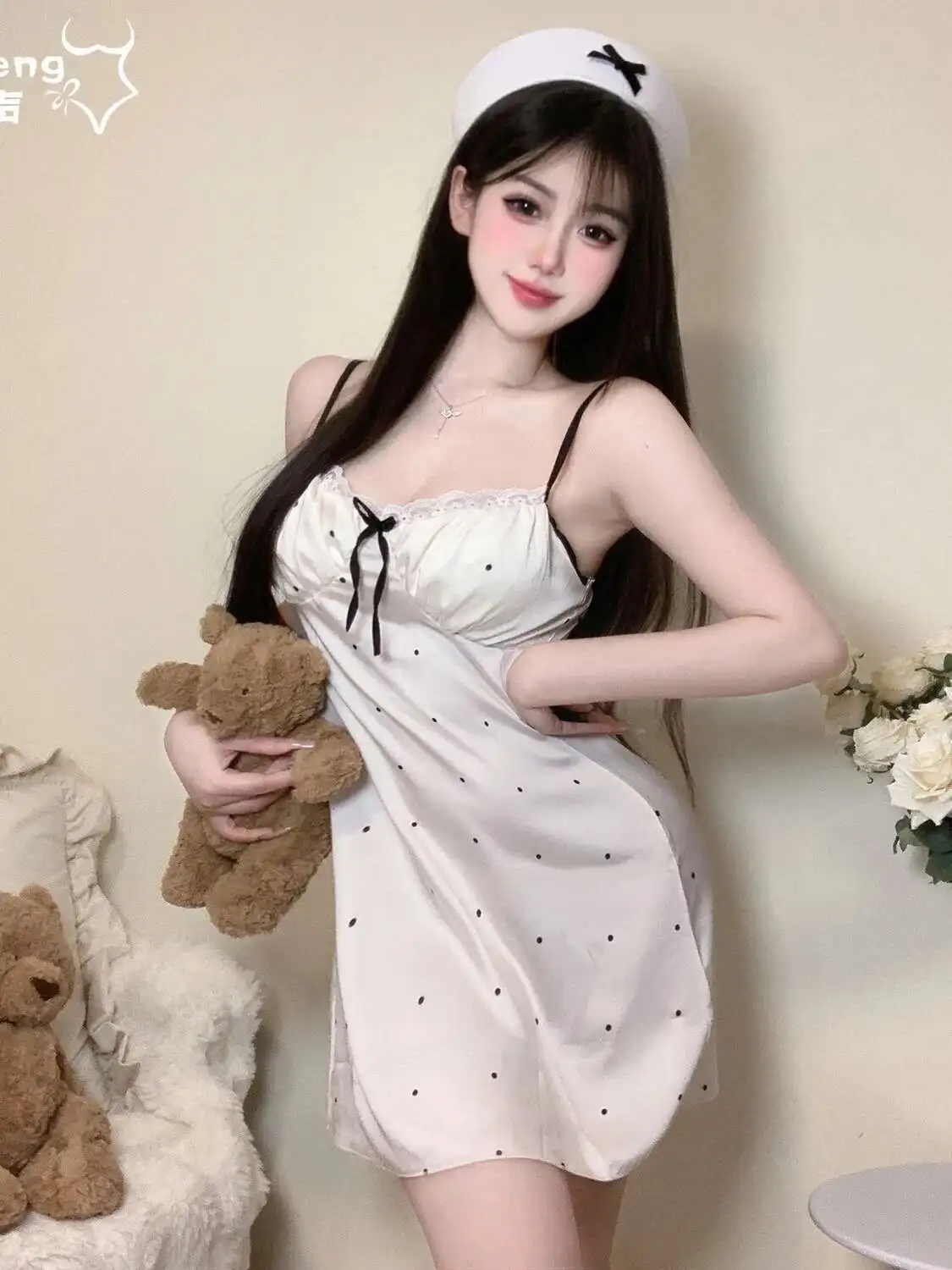 夏のセクシーなスリーピングベルト胸クッションタンクミニドレスドットレース薄型睡眠韓国甘い弓花ドレスエレガント MHD9