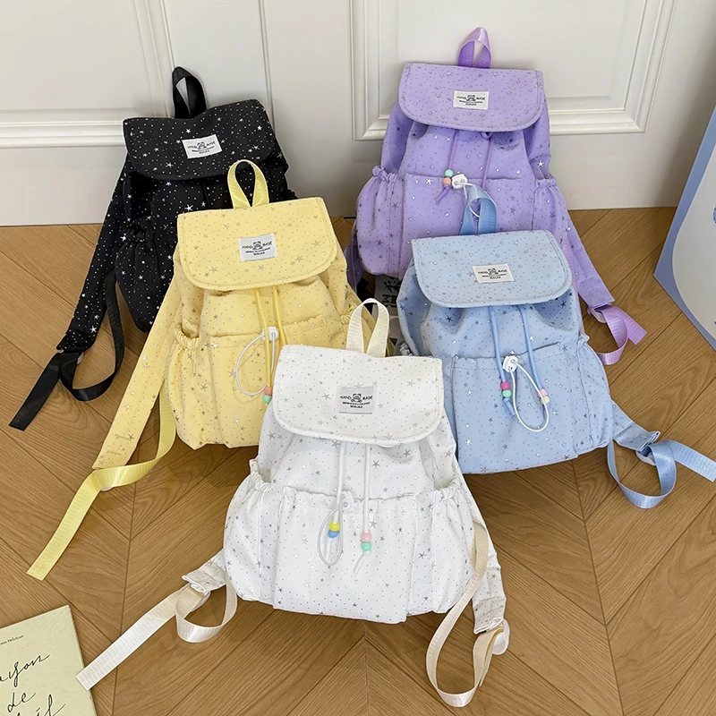 New White Star Print Drawstring Fashion Backpack Casual Lightweight Women's School Bags Colorful Beads Student Travel Daypack
