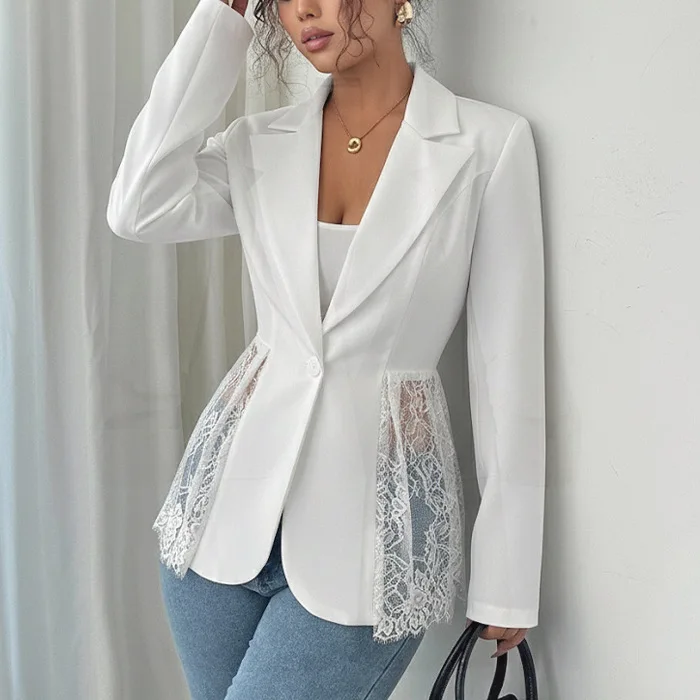 Women Fashion Notched Collar Long Sleeve One-button Perspective Sexy Versatile Suit Coat Elegant Lace Patchwork Blazer
