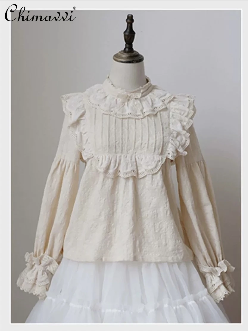 Puur Katoenen Lolita Opstaande Kraag Kanten Overhemd Lente En Herfst Nieuwe Mode Retro Lief Meisje Korte/Lange Mouwen Blouse Hemd