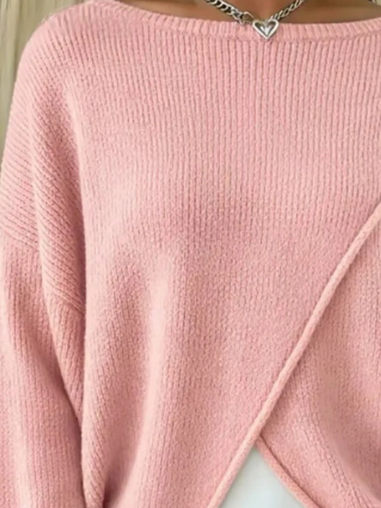 

Autumn Winter New Irregular Knitted Pullovers Leisure O-neck Long Sleeve Solid Sweater Ladies Elegant Simple Commute Jumper