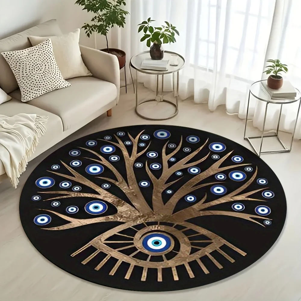 1pc Tree of Life Evil Eye Amulet Round Non-Slip Mat - Soft Flannel, Machine Washable, Black & Blue Design with Golden Accents