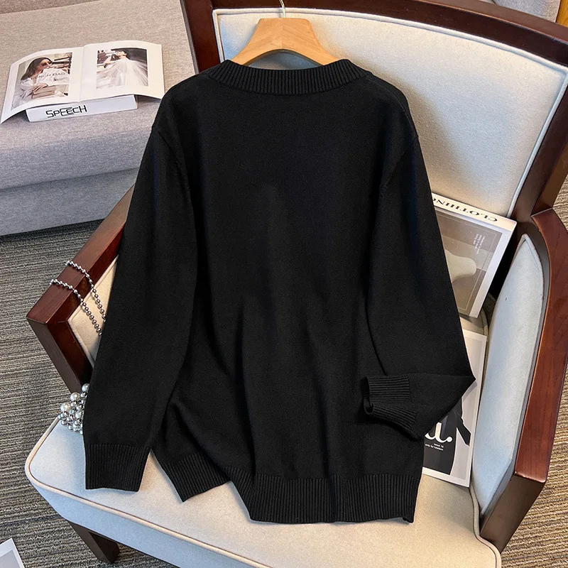 170Kg Plus Size Women's Bust 160 Spring Autumn Loose V-Neck Heart Knit Sweater Black White 4XL 5XL 6XL 7XL 8XL 9XL