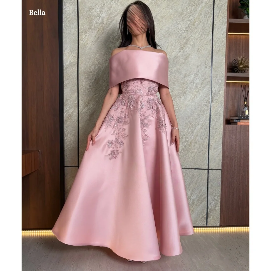 Bella Customized Dusty Pink Off Shoulder Prom Dress Embroidery Satin Ball Gown robes de soire Elegant Formal Evening Party 2026