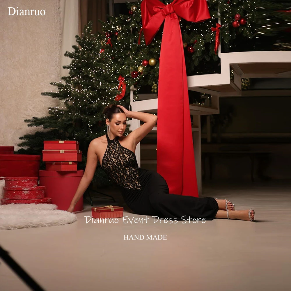 Dianruo Kerst Backless Avondjurken Sexy Applicaties Vestido Halter Hals De Novia Zwart Gewaad Soirées Chic Aangepaste