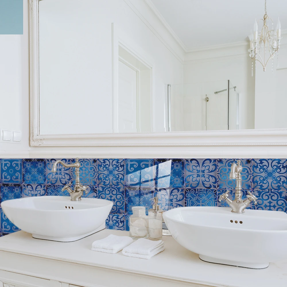 10pcs/set Dream Blue Tile Sticker Kitchen Backsplash Oil-proof Bathroom Waterproof Home Decor Wall Decals Peel & Stick Art Mural view 3