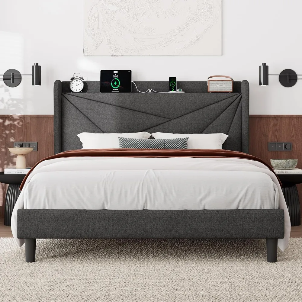 

Queen Bed Frame with Charging Station, Linen Upholstered Platform, Solid Wood Slats, Noise-Free, No Box Spring Needed, Charcoal