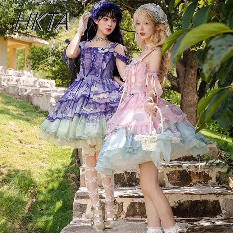 

2025 New Summer Princess Lolita Suspender Dresses Women Sweet Fresh Elegant Oil Painting Printing Birthday Cake Fluffy Dress