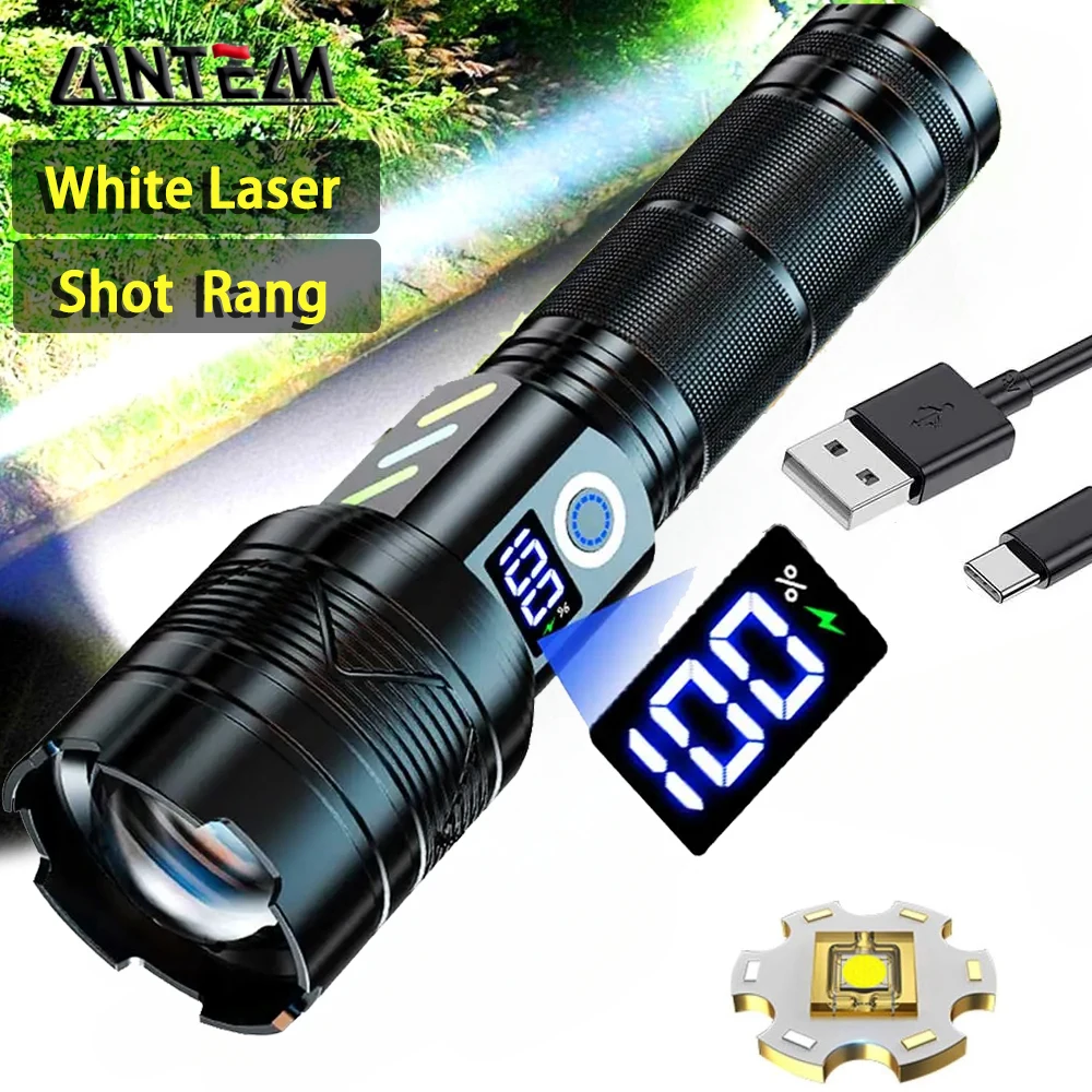 High Power LED Flashlight Type-c Rechargeable Tactical Zoom Torch Use 26650 Battery Camping Fishing Lantern with Power Display