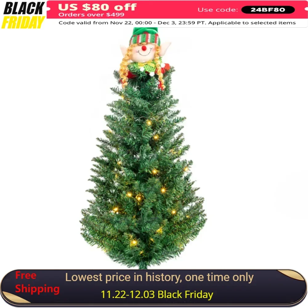 

3ft 129 branches, 30 lights, with christmas doll, green christmas tree, made of high-quality PVC material, twig iron bracket