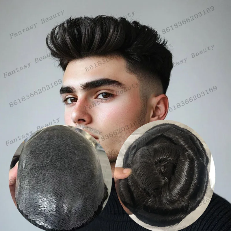 

Natural Black 120Density Human Hair Male Wigs Super Durable Thin Skin Pu Base Men Toupee European Man Hair Prosthesis Brown Unit