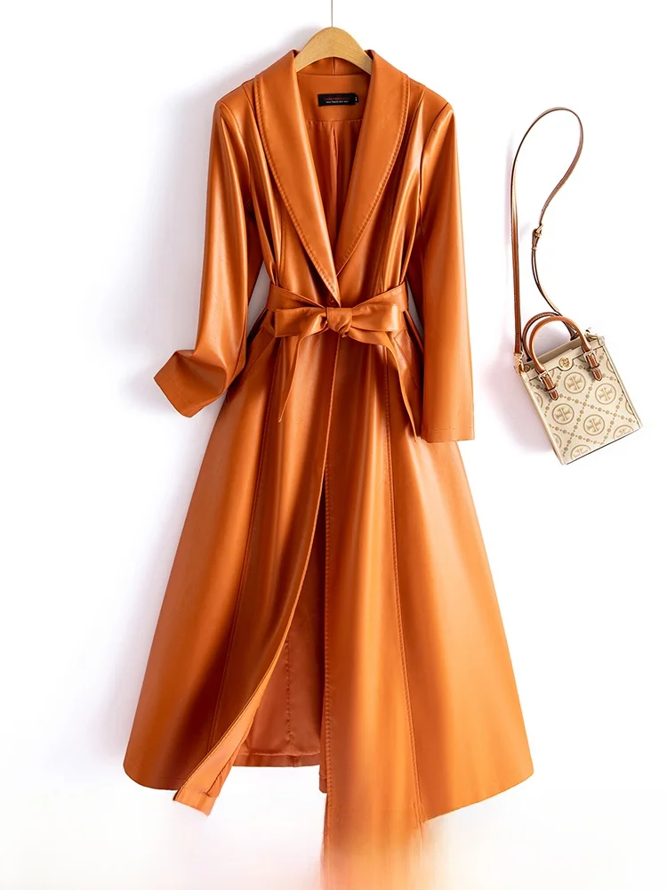 

Натуральная кожаная женская куртка-пальто средней длины в корейском стиле, приталенная, до колен, из овчины, с поясом, кожаная ветровка, новинка 2025 S