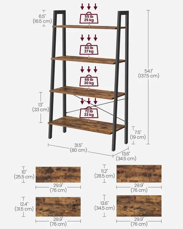 Ladder Shelf, 4-Tier Bookshelf, Storage Rack, Bookcase with Steel Frame, for Living Room, Home Office, Kitchen, Bedroom
