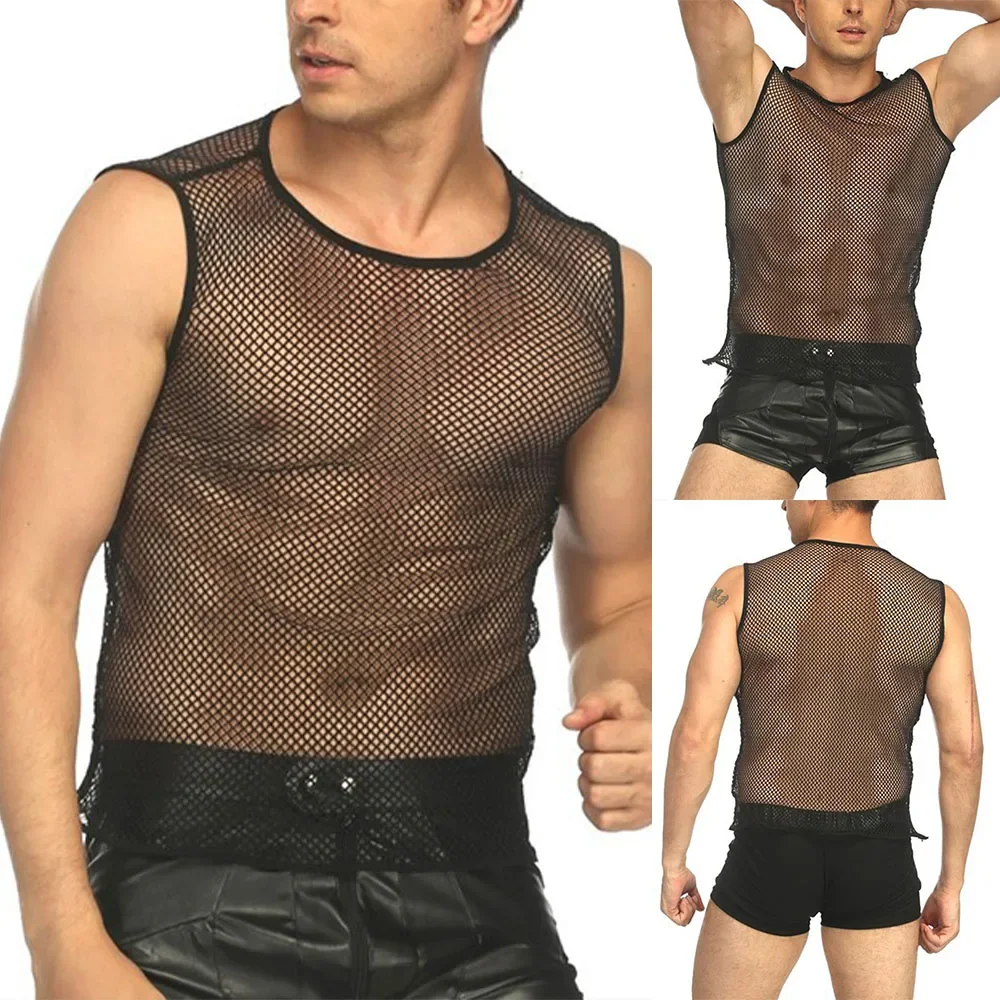 Mens Thin Mesh Undershirt Fishnet String Vest Sleeveless See Through Slim Sport Shirts Tank Top Sheer Sleepwear Nightwear Hombre