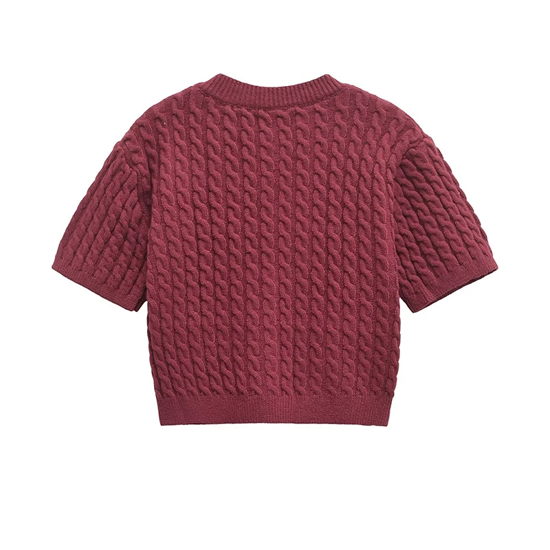 YENKYE Elegant Wine Red Knit Cardigan Women  Single Breasted Short Sleeve Crop Sweater Outerwear Autumn All-match Knitwear