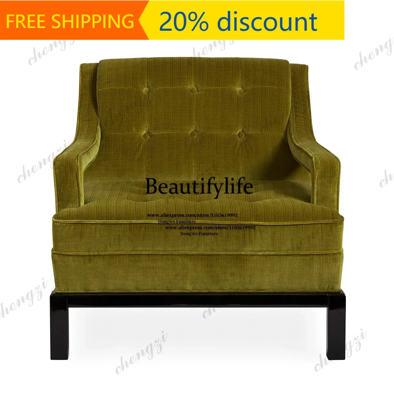 132 Olive green velvet zipper single armchair modern light luxury black square foot living room leisure sofa chair
