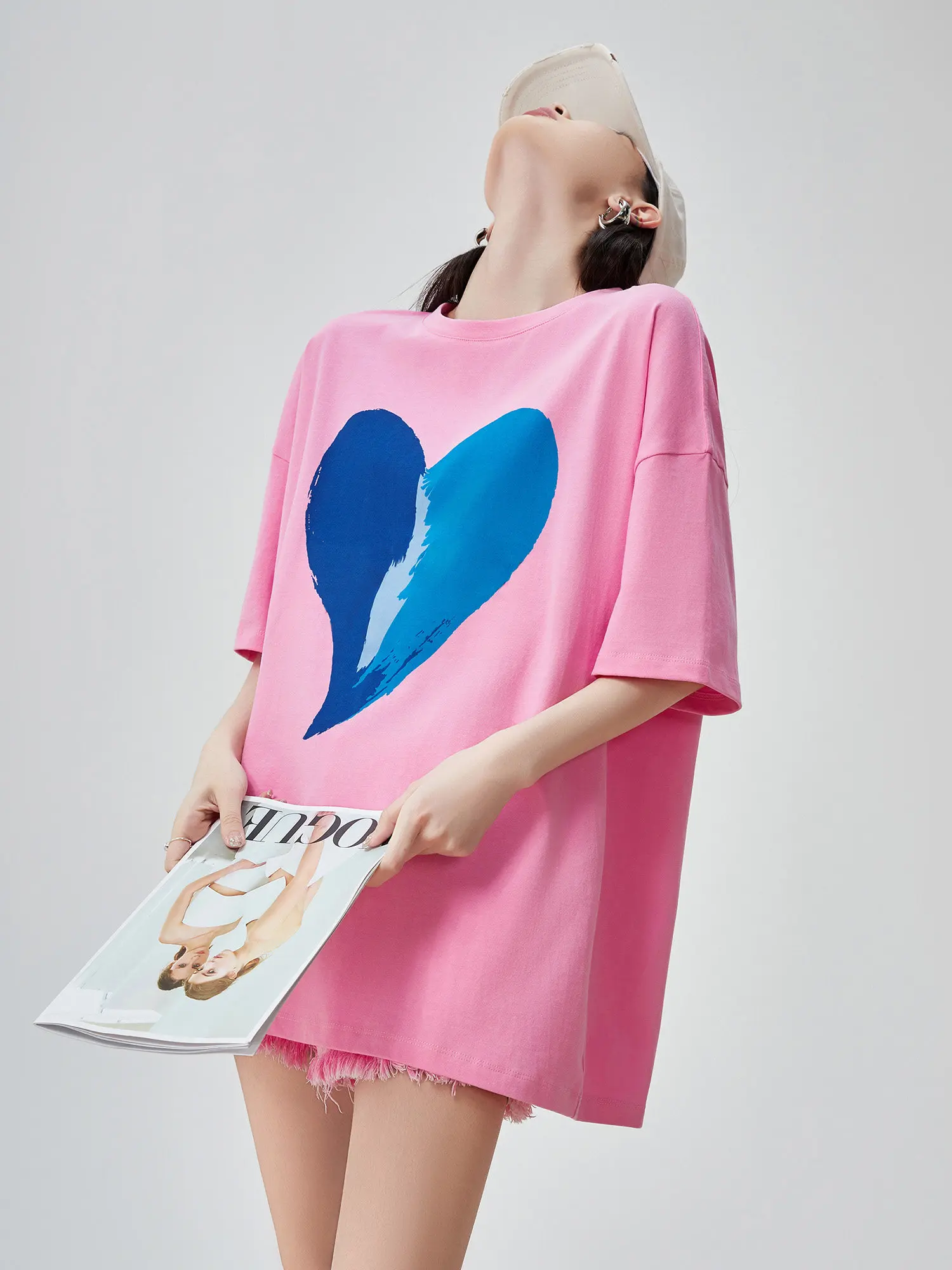

Pink Dopaamine Heart Print round Neck Short Sleeve Women's T-shirt Loose Korean Style Art Student Fashion Top Polyester Fiber