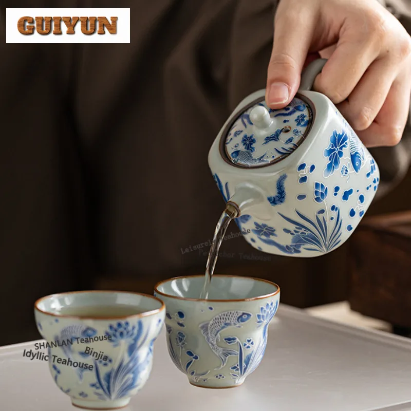 Ru Kiln Hand Painted Fish Algae Pattern Travel Tea Set Kit Boutique 1 Pot 3 Cups Tea Maker Organizer Portable Picnic Stock Bags
