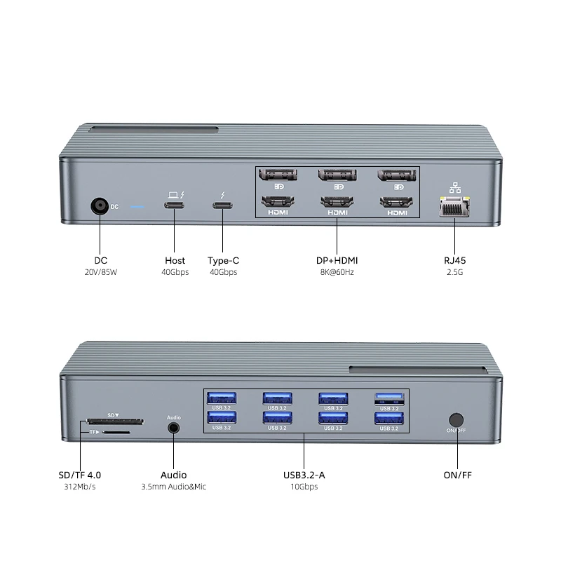 40Gbps Thunderbolt 4 Docking Station  DC PD 85W Fast charge HUB Type C USB 4 8K 60Hz HDMI USB A  10Gbps TF SD Audio RJ45 1000M