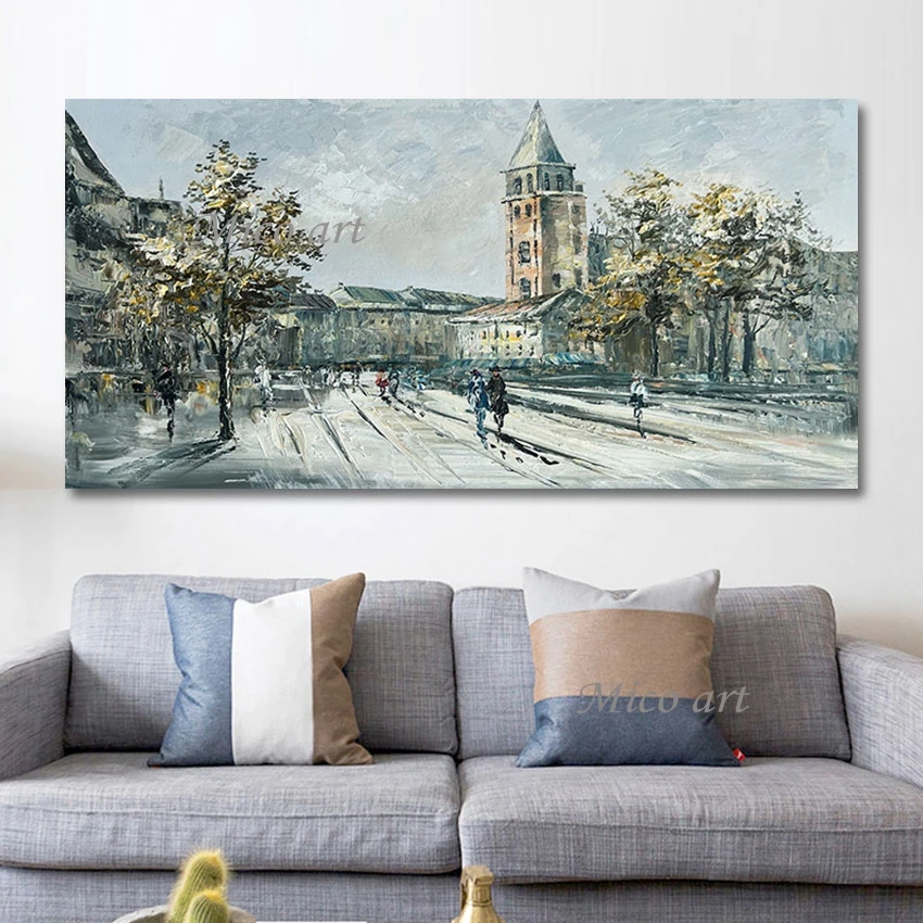 

Wall Art Canvas Impressionist City Landscape Picture, Hand-painted People On Street Oil Painting, Restaurant Artwork, No Frame