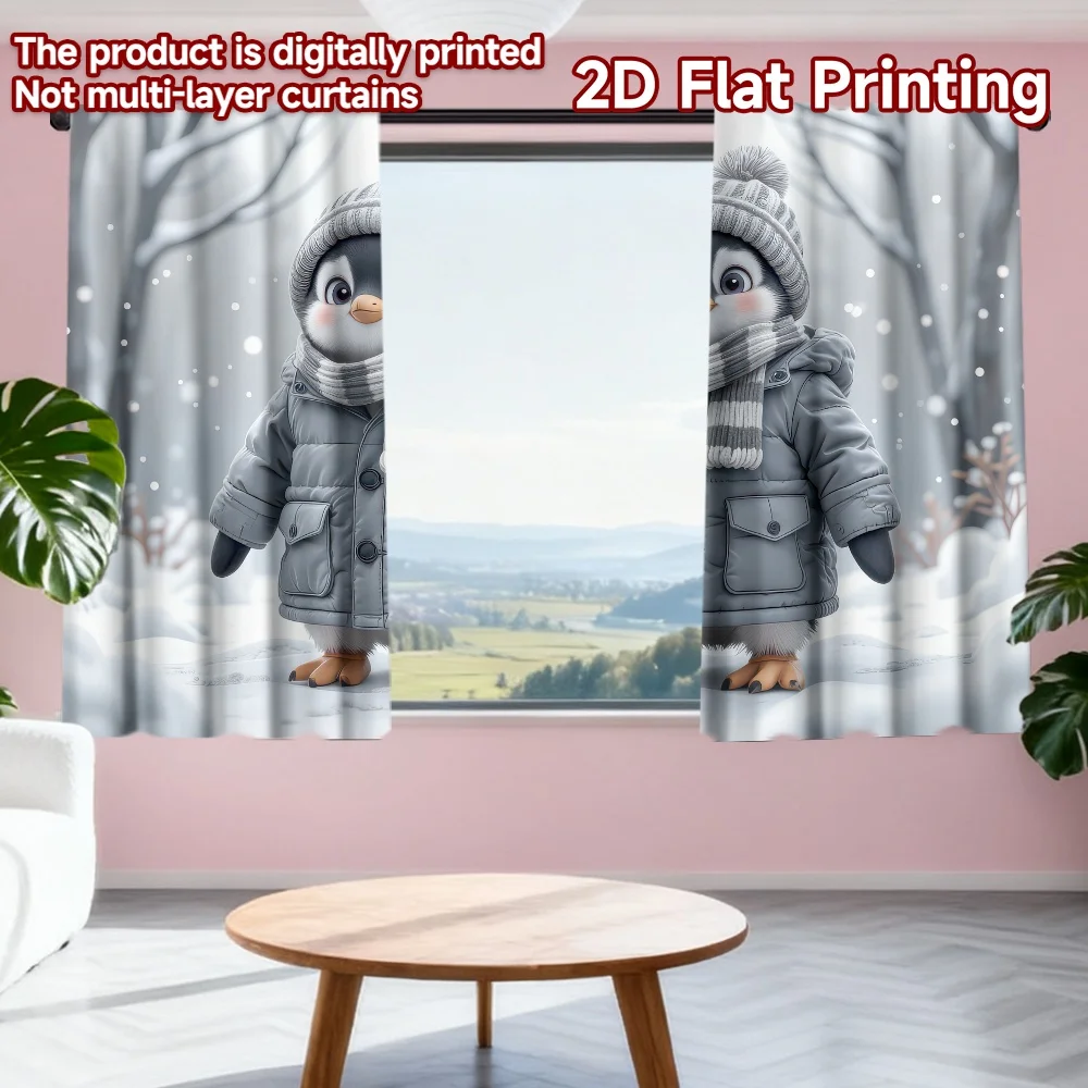 

2D flat printing 2pcs Curtain Cute Penguin in Snowfall Digital Printed Polyester Drapes Party Decorations Perfect for Yard &