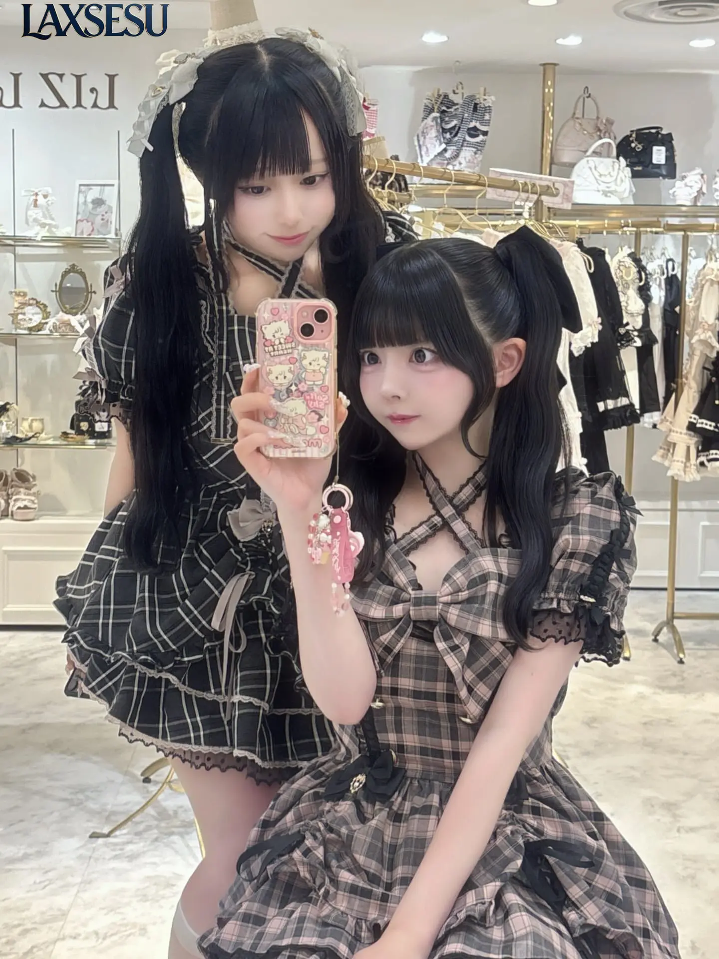 Japanese New Sweet and Cute Lei Series Production Type Female Detachable Strap Bow Grid Short Sleeve Anti Light Skirt Set