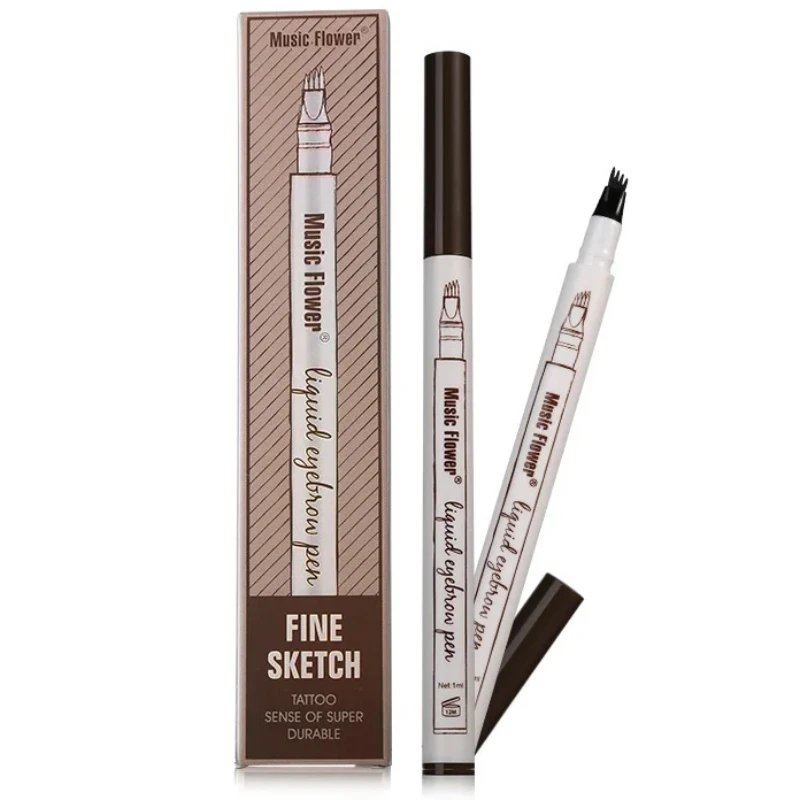 Musica Fiore Trucco di marca 4 colori Schizzo fine Matita per sopracciglia liquida Tatuaggio impermeabile Penna per sopracciglia super resistente a prova di sbavature