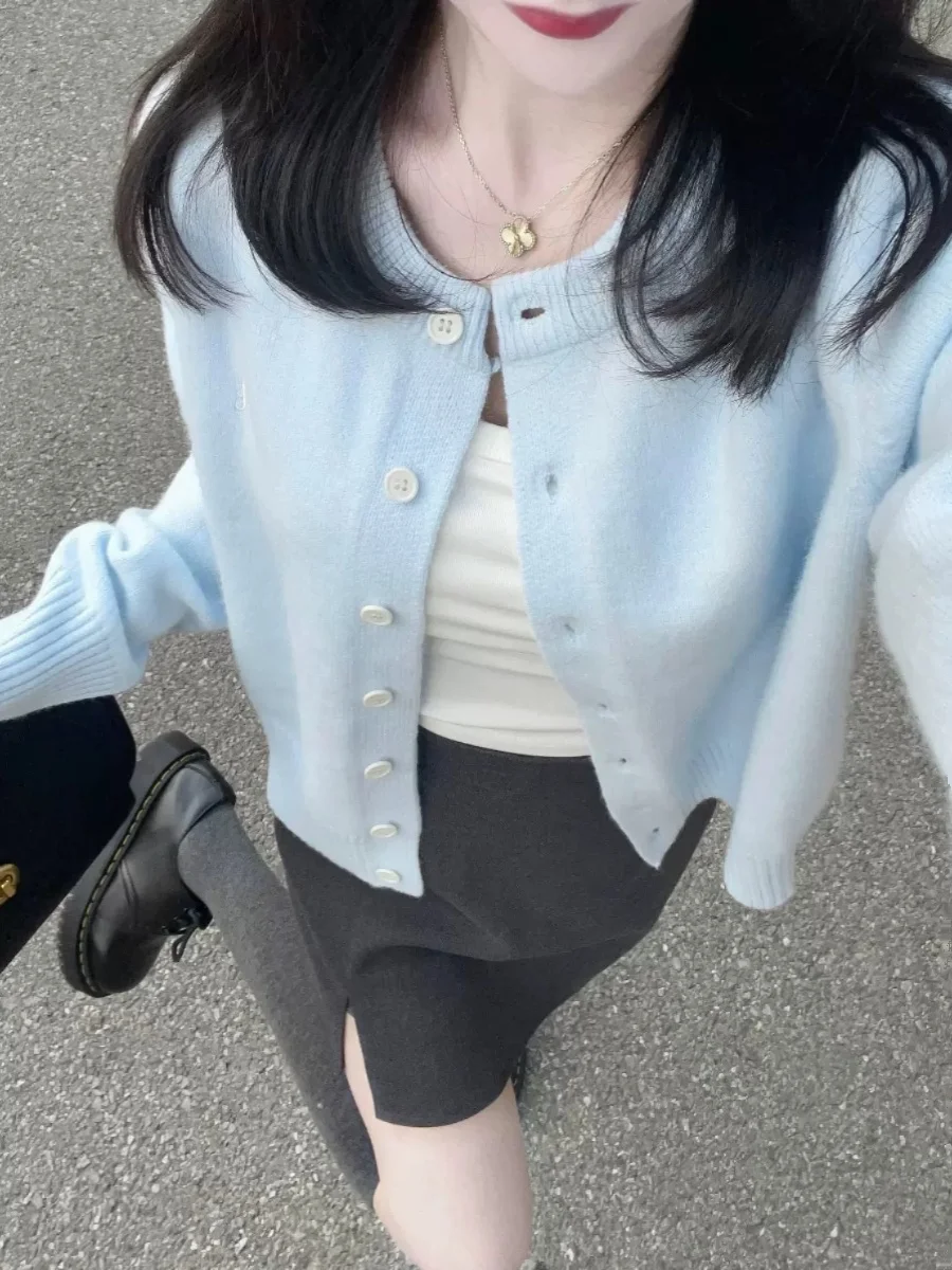 

Soft Cozy Light Blue Knitted Sweater Women's Jaet Autumn New Sle Simple ort Open Cardigan Top Korean Sle Commute Wind