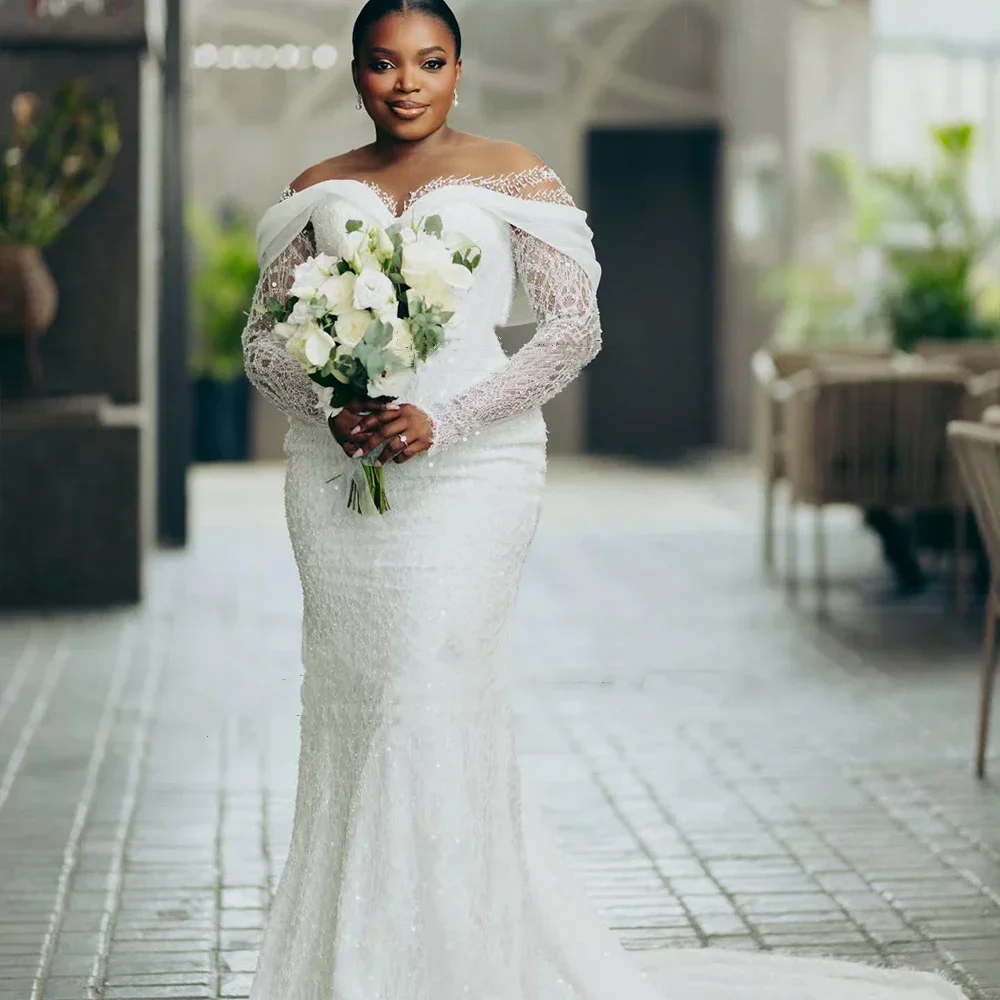 Robes de mariée classiques en dentelle de luxe personnalisées, manches longues, sirène scintillante, robes de mariée pour femmes