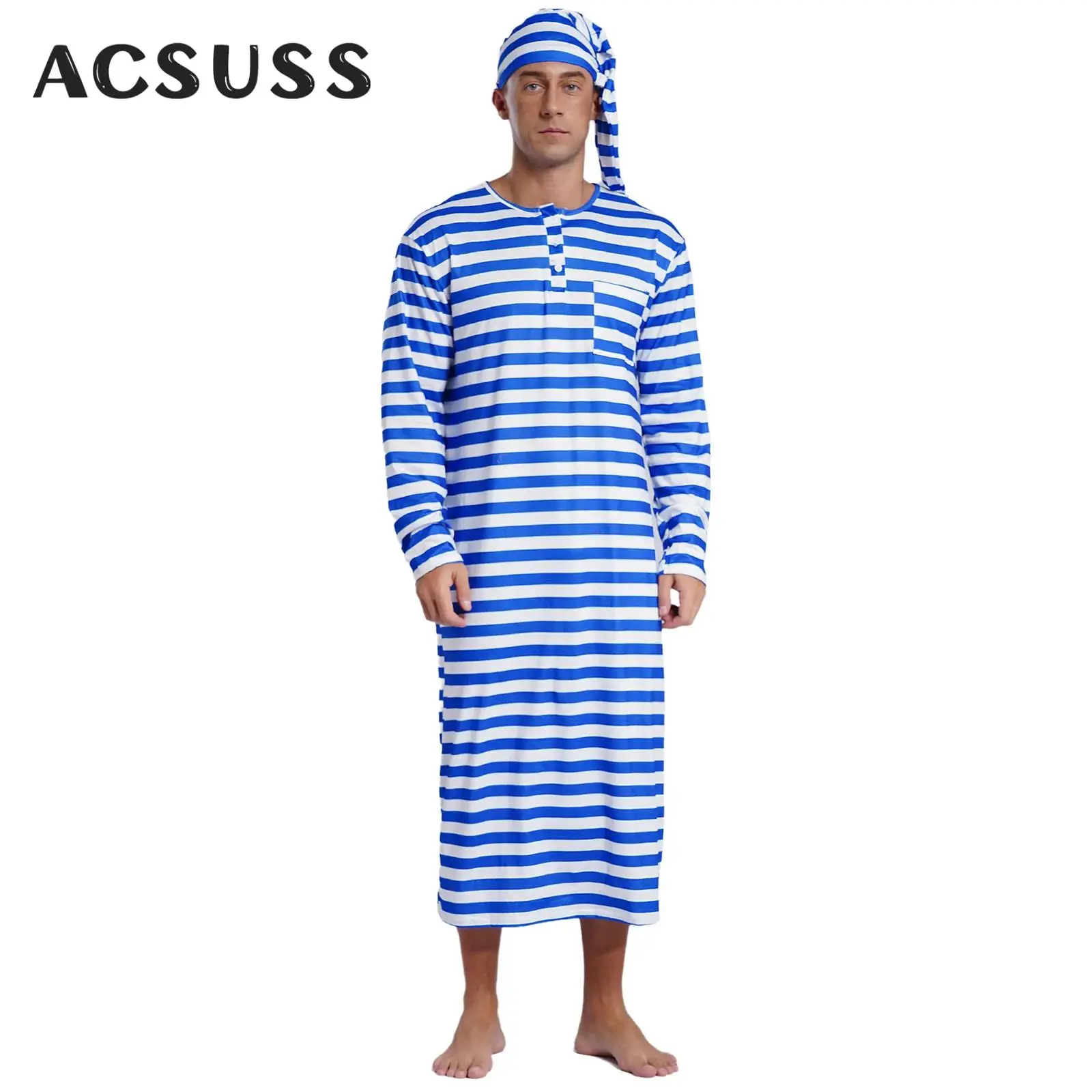 Men Adult Striped Sleep Robe Loose Long Sleeve Sleepwear Nightwear Comfy Nightgown Nightdress Casual Homewear with Pom-pom Hat