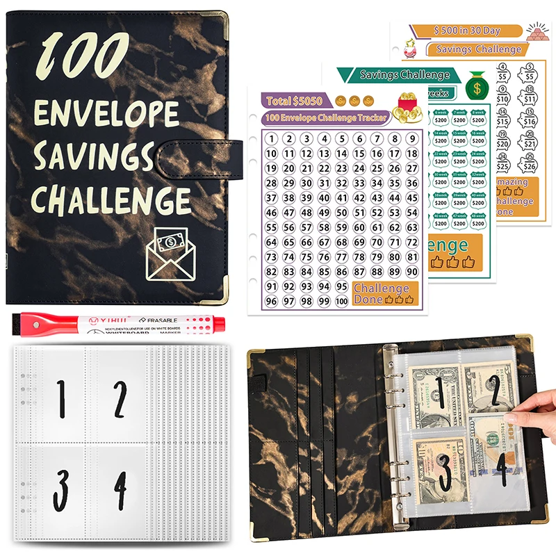 1Set 100 Day 100 Envelope Challenge Marble Pattern Loose-leaf Savings Notebook Saving Money Binder Cash Budget Storage Book Gift