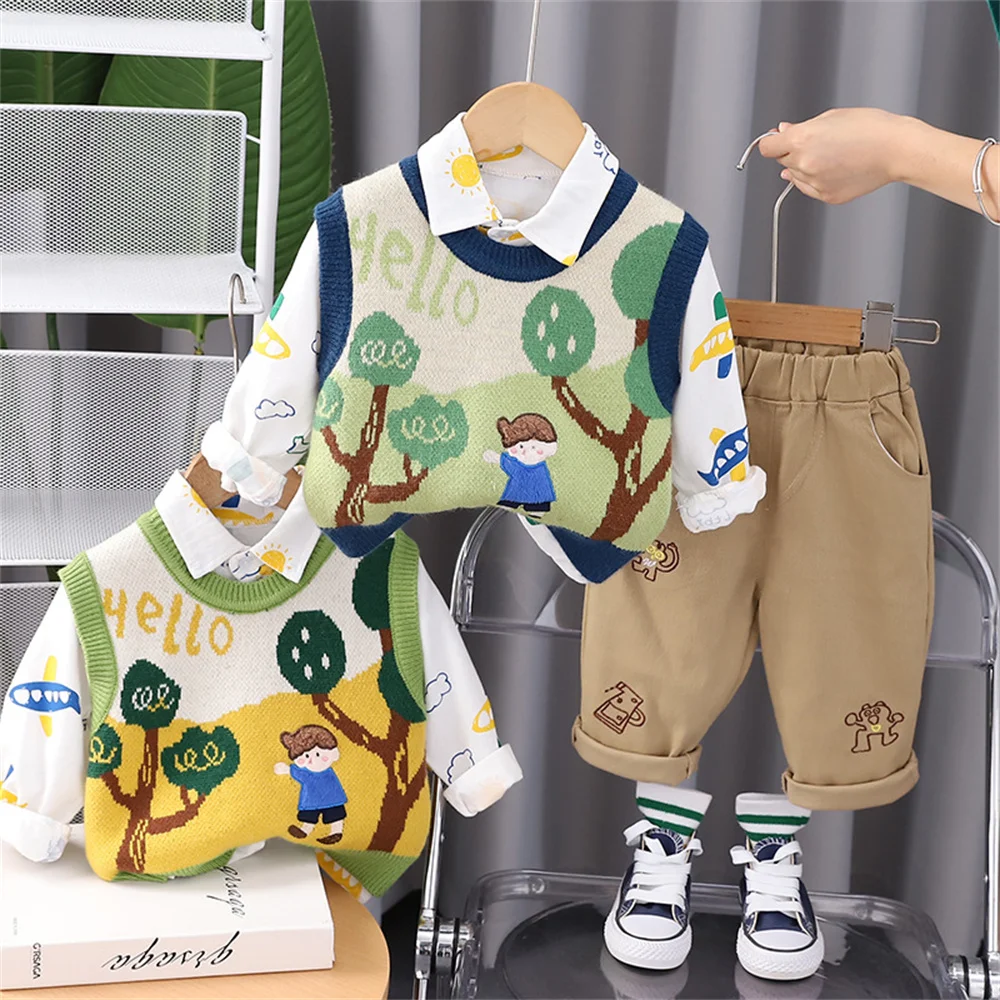 

2023 Autumn New Boys' Casual Waistcoat+Long Sleeve Shirt+Pant 3PCS Set Korean Version Of Children's Clothes Cartoon Sweater Set