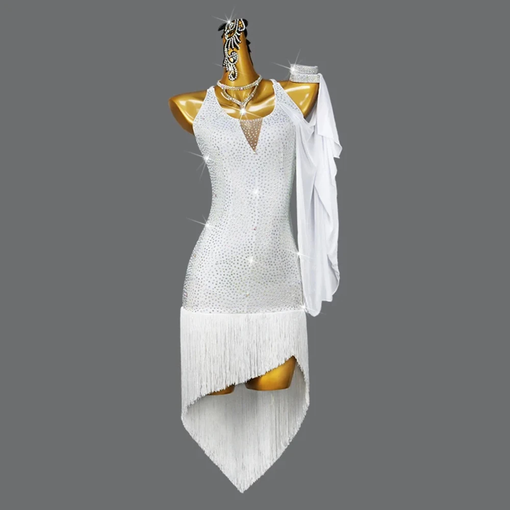 

2025 White Latin Dance Competition Costumes Sexy Sports Skirt Practice Wear Ballroom Girls Party Dress For Women Cabaret Clothes