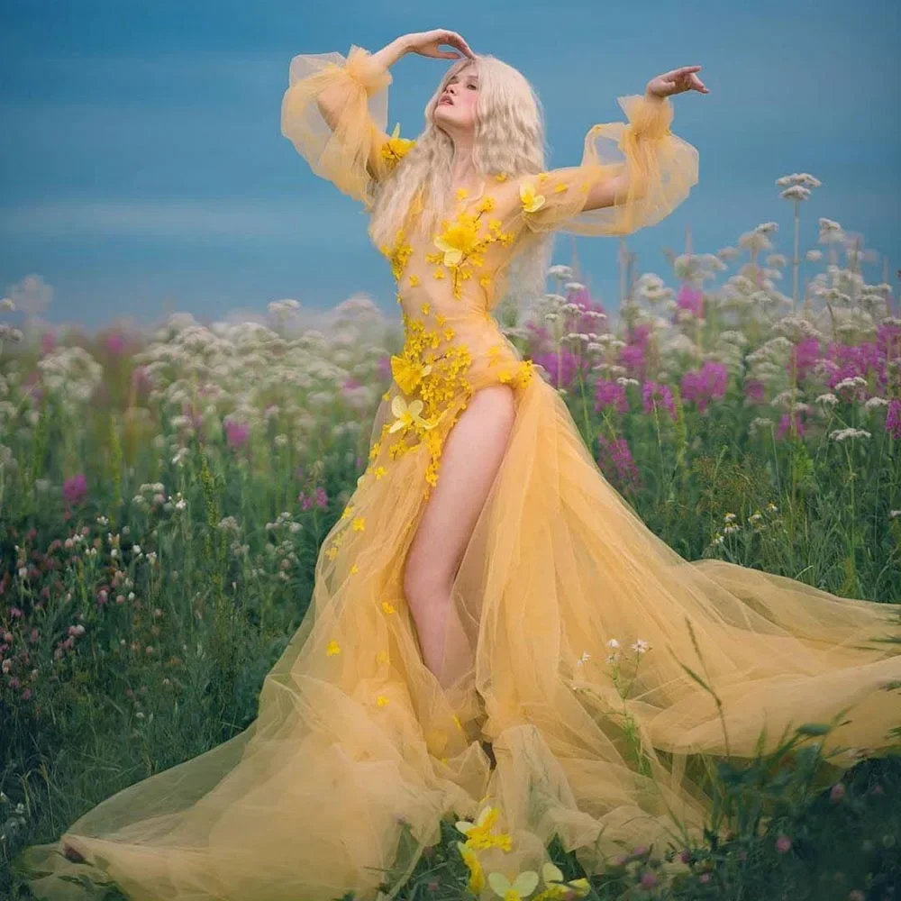 노란색 댄스 파티 드레스 3D 꽃 꽃 파티 가운 패션 v 넥 긴 소매 인쇄 하이 사이드 미사 사진 촬영 이브닝 드레스