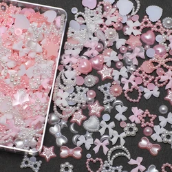 1 Box Nail accessories 3d Nail Charm Resin Love Bow Pentagram Nail Accessories Mixed Pink White resin Hollow Pearl for manicure